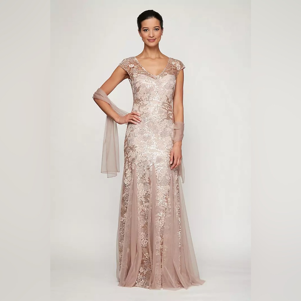 Alex Evenings Cap Sleeve Embroidered Mermaid Godet-Hem Gown,Style# 8117897,Sz16